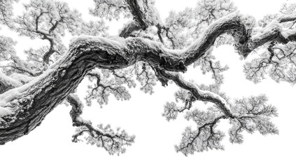 Fototapeta premium Snow Covered Tree Branch Against White Sky Winter Scene