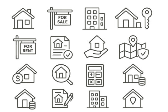Vector icon set depicting real estate symbols for sale, rent, keys, and property management activities
