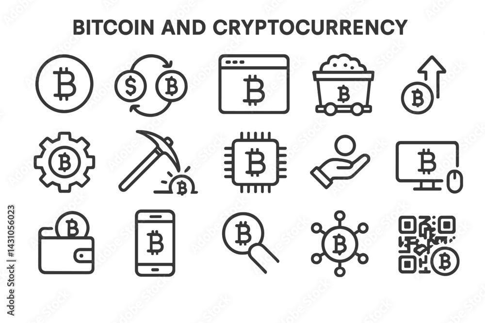 Poster vector icon set showcasing bitcoin and cryptocurrency symbols related to digital finance and technol