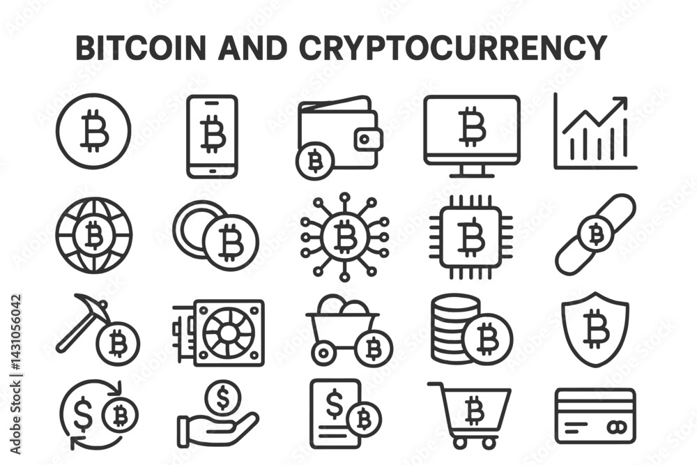 Poster collection of vector icons representing bitcoin and cryptocurrency concepts for digital finance