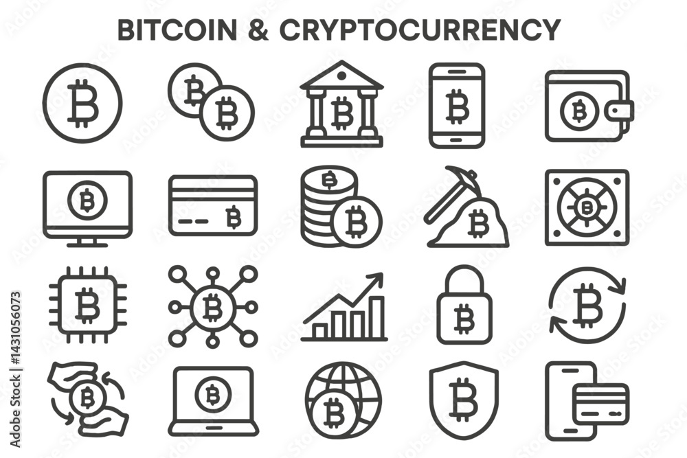 Poster vector icon set featuring bitcoin and cryptocurrency symbols for digital finance and blockchain tech