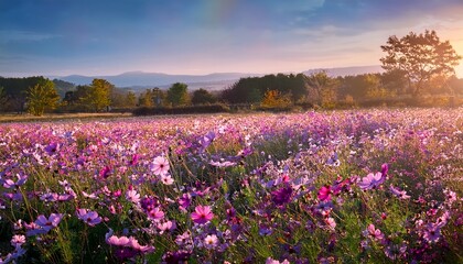 Obraz premium flowers blooming on field sunny day pink flowers purple flowers