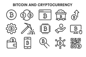 Vector icon set showcasing bitcoin and cryptocurrency symbols related to digital finance and technology