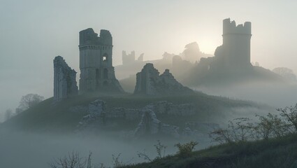 Misty medieval castle ruins with ethereal mood on a hilltop