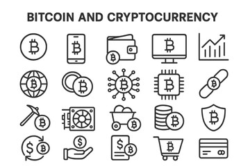 Collection of vector icons representing Bitcoin and cryptocurrency concepts for digital finance