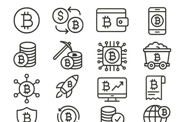 Vector icon set showcasing various aspects of cryptocurrency, including bitcoin transactions, mining, and digital wallets