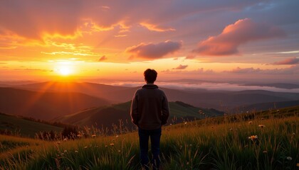 Man Watching Mountain Sunset