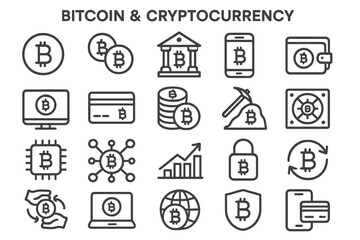 Vector icon set featuring bitcoin and cryptocurrency symbols for digital finance and blockchain technology