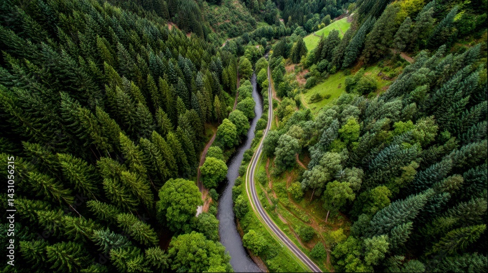 Poster aerial view of a river winding through a lush green forest with a railway track running alongside it