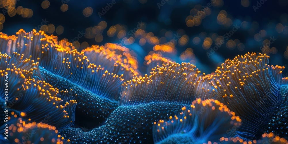Poster a coral reef teeming with thousands of tiny, glowing coral polyps, creating a mesmerizing pattern