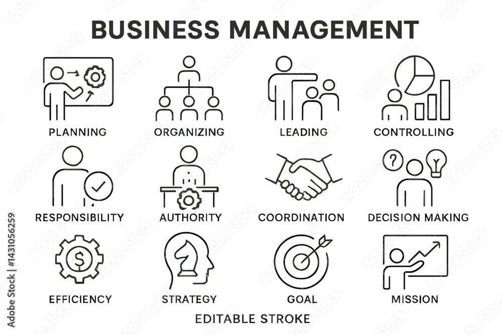 Poster vector icon set depicting various concepts in business management with clear illustrations for plann