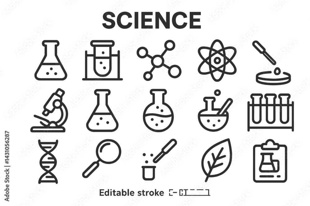 Aufkleber vector icon set representing various science symbols including laboratory equipment and molecular st