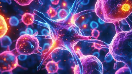 Digital illustration of cells. Bright colors and intricate detail reveal a complex microscopic landscape of biological structures.