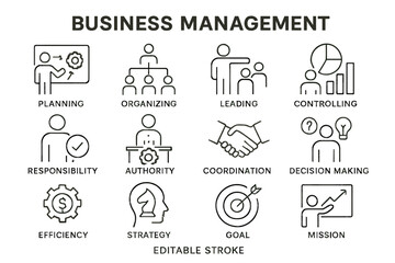 Vector icon set depicting various concepts in business management with clear illustrations for planning, organizing, leading, and control