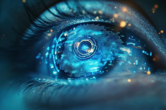 Digital interface of smart contact lens with zoom feature and retinal projection visualized in sleek optometry clinic, perfect for next-generation vision care and high-tech wearable technology concept