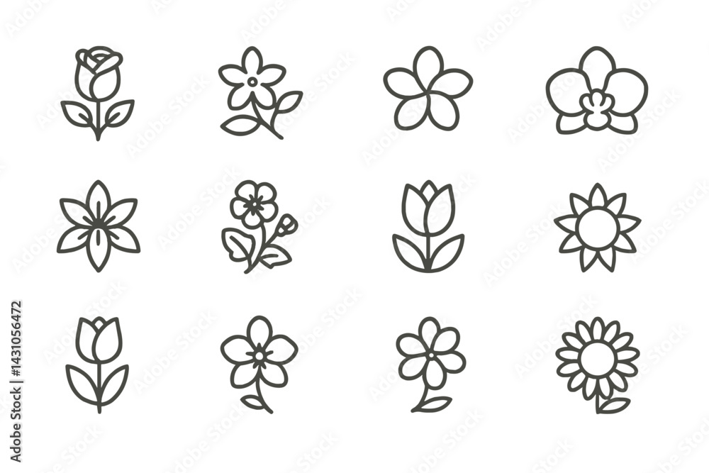 Poster vector icon set featuring various flower designs for use in graphic projects