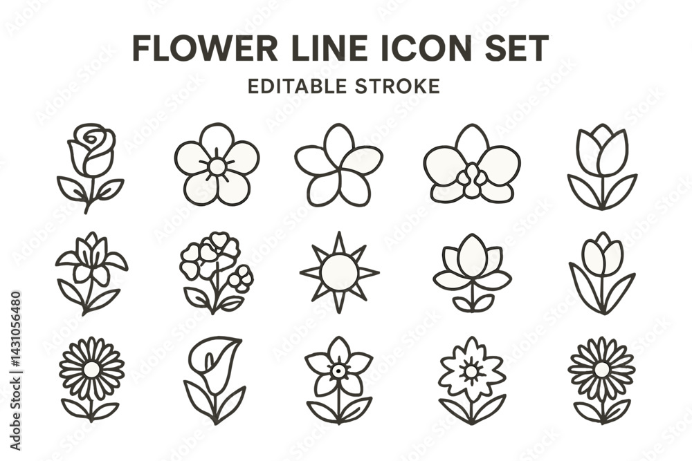 Poster creative flower line icon set showcasing various floral designs with editable stroke for versatile u