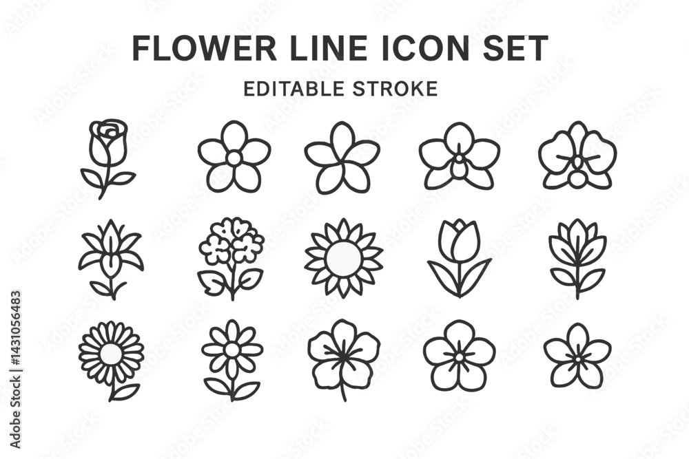Poster vector icon set showcasing various flower designs for creative projects and digital applications in 