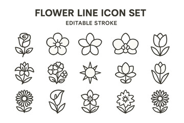 Creative flower line icon set showcasing various floral designs with editable stroke for versatile use in projects