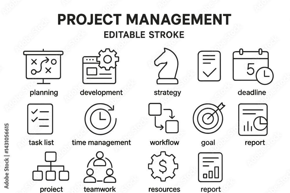 Poster vector icon set depicting project management concepts including planning, development, and teamwork 