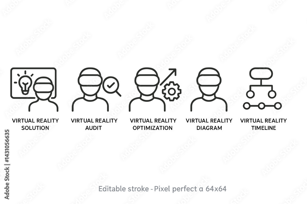 Poster vector icon set showcasing virtual reality concepts and operations for digital solutions and optimiz