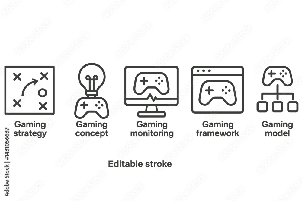 Poster vector icon set representing gaming strategy, concept, monitoring, framework, and model for digital 
