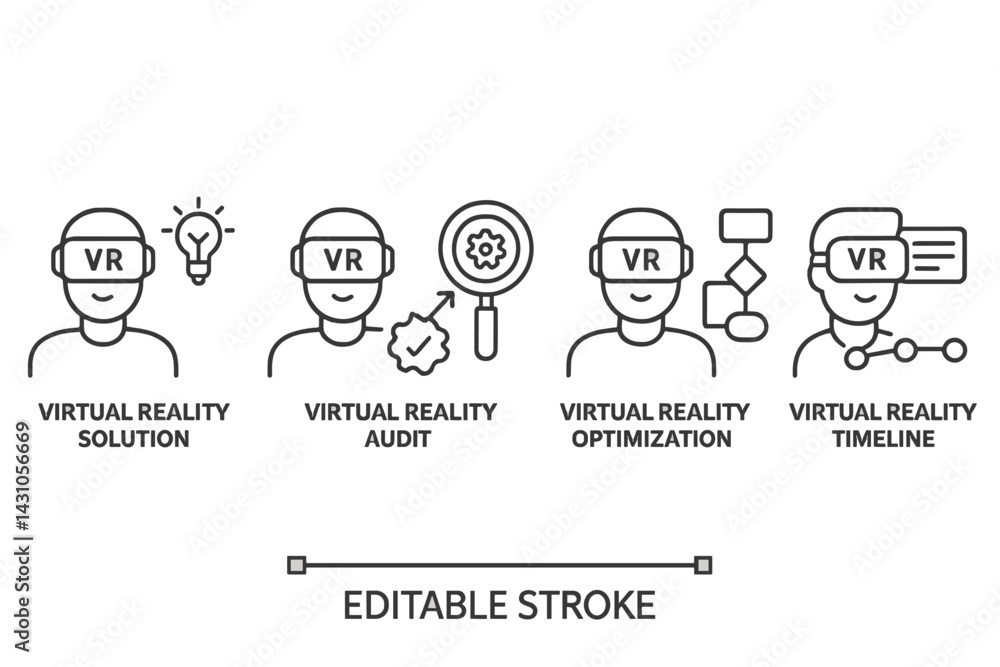 Poster vector icon set showcasing various aspects of virtual reality solutions including audit and optimiza