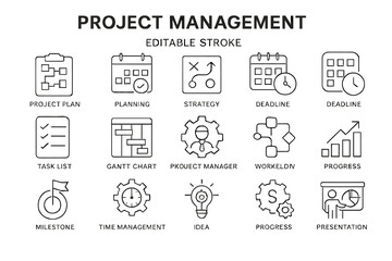 Vector icon set featuring various elements of project management for clear and effective communication in planning and execution