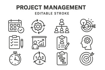 Vector icon set for project management showcasing essential tools and concepts for effective team collaboration and planning