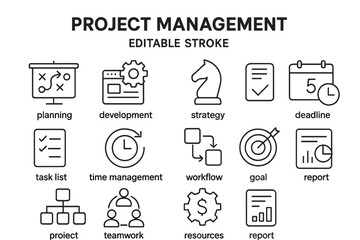 Vector icon set depicting project management concepts including planning, development, and teamwork in a clean, minimalistic design