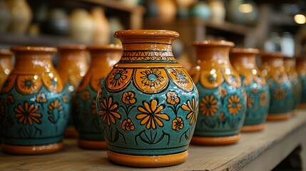 Vibrant Hand-Painted Pottery: A Collection of Teal and Orange Vases
