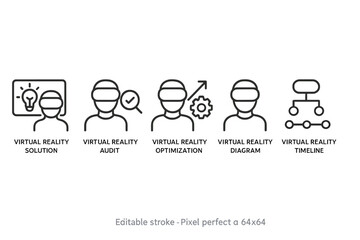 Vector icon set showcasing virtual reality concepts and operations for digital solutions and optimization strategies