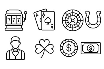 Vector icon set featuring gambling symbols and elements in a minimalist design for casino themes