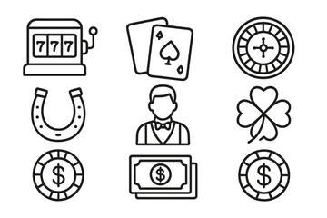 Vector icon set depicting various gambling symbols including slots, cards, and casino elements