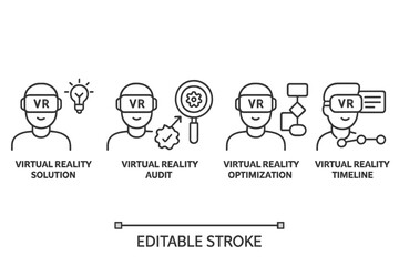 Vector icon set showcasing various aspects of virtual reality solutions including audit and optimization processes