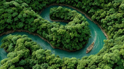 Aerial view of a winding river flowing through a lush green forest, a small boat is visible on the river.