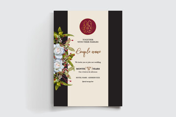 WEDDING INVITATION FRAME WITH FLOWER DECORATIONS AND FRESH LEAVES