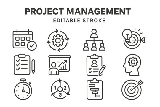 Vector icon set for project management showcasing essential tools and concepts for effective team collaboration and planning