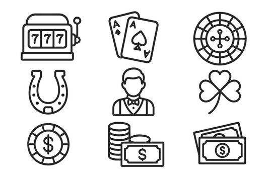 Vector icon set featuring various casino elements such as playing cards, slot machine, and roulette wheel