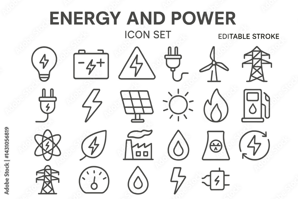Poster diverse vector icon set representing energy and power sources with clear and simple designs for vari