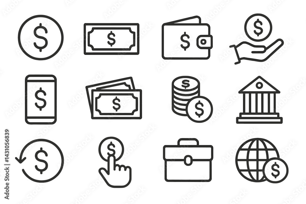 Poster vector icon set showcasing money-related concepts and financial transactions in a simple, clear desi