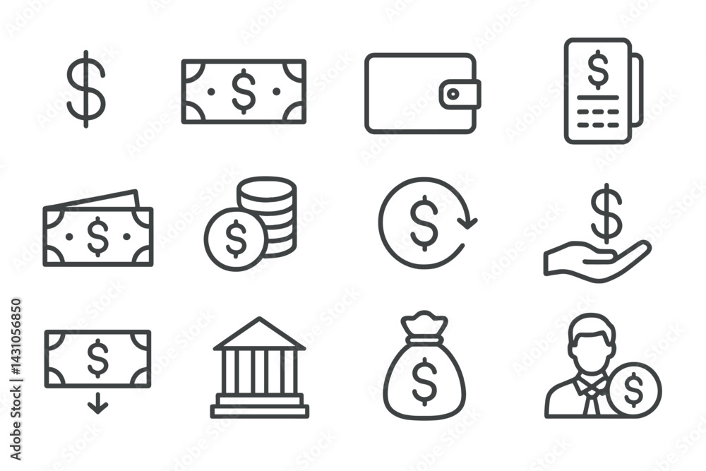 Poster vector icon set showcasing financial elements and transactions related to currency and savings in a 
