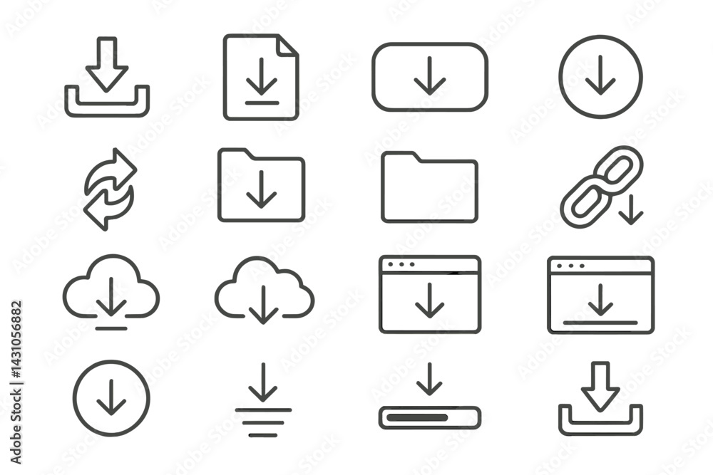Poster vector icon set featuring download symbols for files, folders, clouds, and links suitable for web an