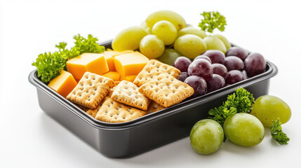 vibrant lunch box filled with healthy snacks including cheese cubes, crackers, green grapes, and purple grapes, garnished with fresh parsley. Perfect for nutritious meal