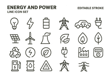 Energy and power vector icon set featuring various symbols of electricity, renewable sources, and energy management tools