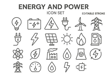 Diverse vector icon set representing energy and power sources with clear and simple designs for various applications