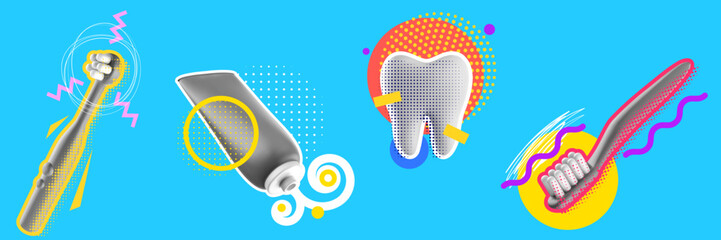 Abstract modern art collage composition with dental care tools and decorative elements. Creative bright trendy concept illustration. Grunge vector background for cover banner, poster, card.