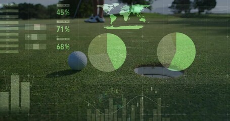 Golfer lining up putt on putting green, overlaying business data charts, world map, percentages - Powered by Adobe