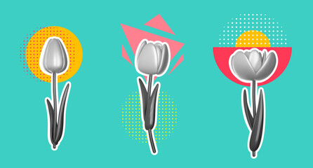 Abstract modern art collage composition with tulip flower and decorative elements. Creative bright trendy concept illustration. Grunge vector background for botanical cover banner, poster, card.
