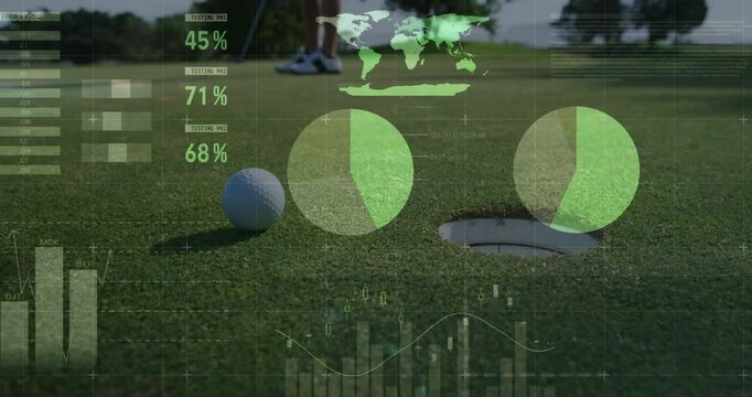 Golfer lining up putt on putting green, overlaying business data charts, world map, percentages - Powered by Adobe